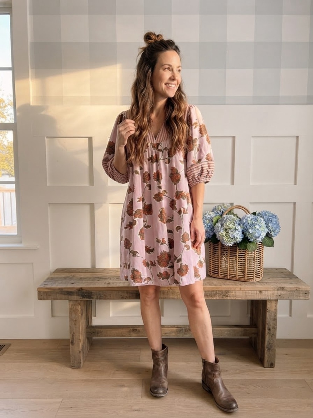 Knox Rose Blush Pink Floral Smocked-Sleeve Mini Dress Large